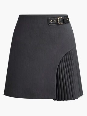 Commense Side Pleat Panel Black Mini Skirt with Buckle Detail
